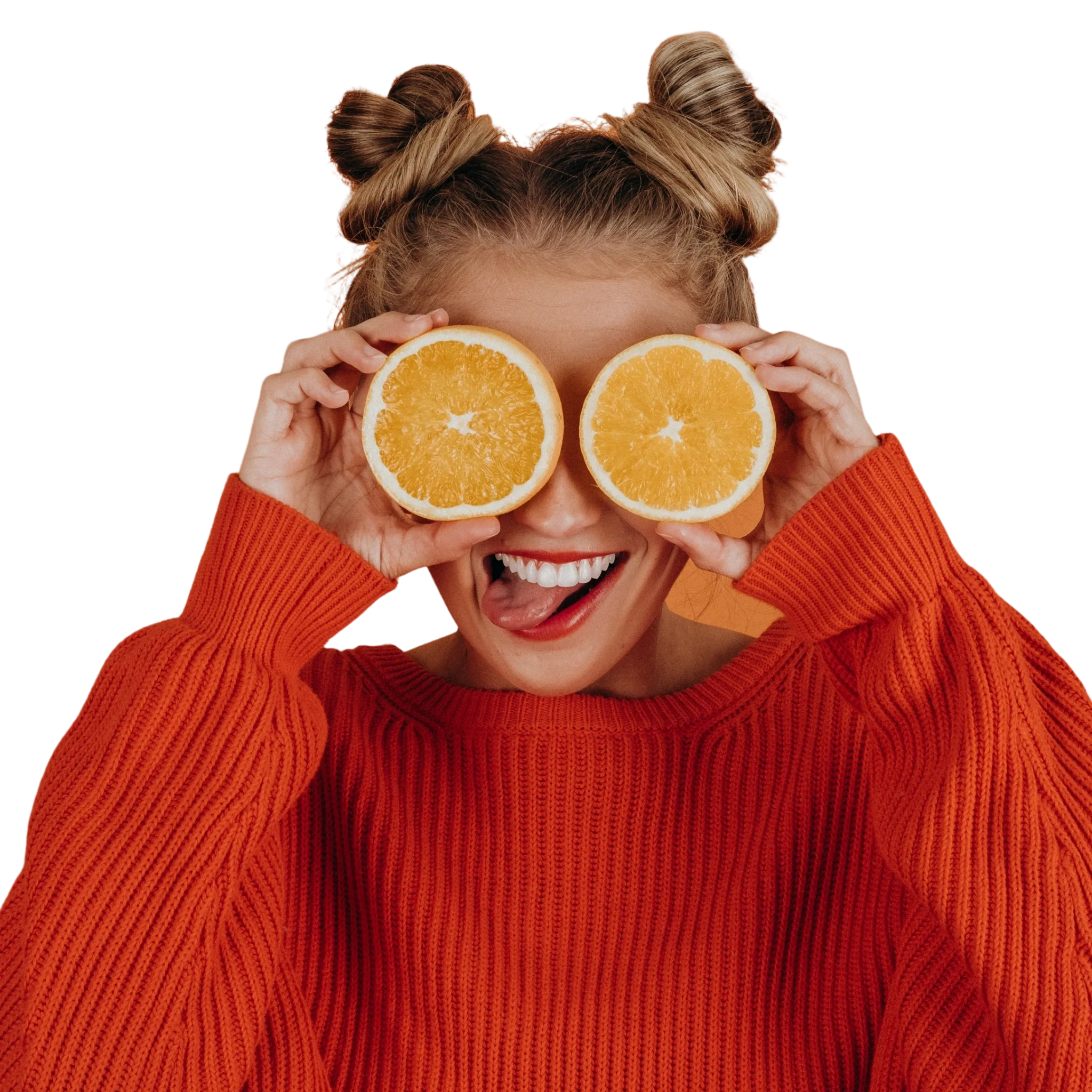 girl holding two orange on the the face for the personal package of web builder for domain eggs